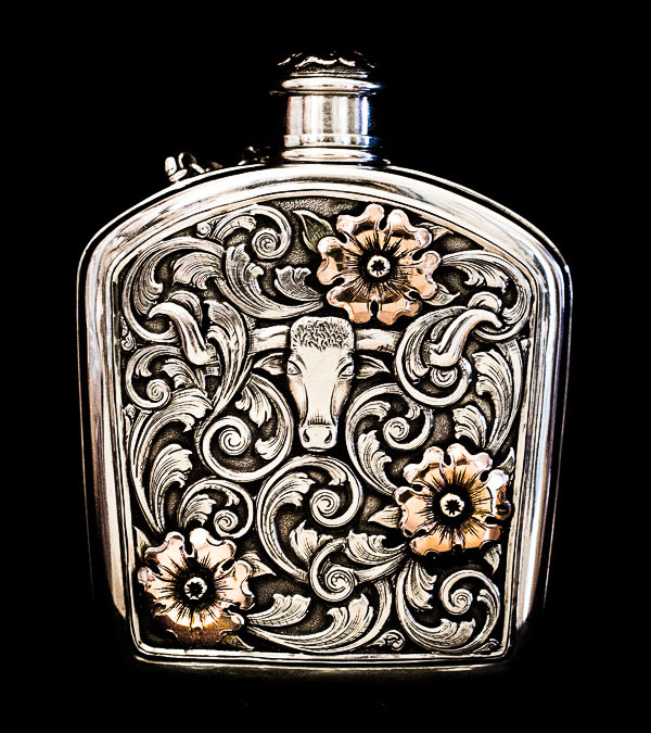 Sterling Silver Flask with Floral Overlay by Beau Compton
