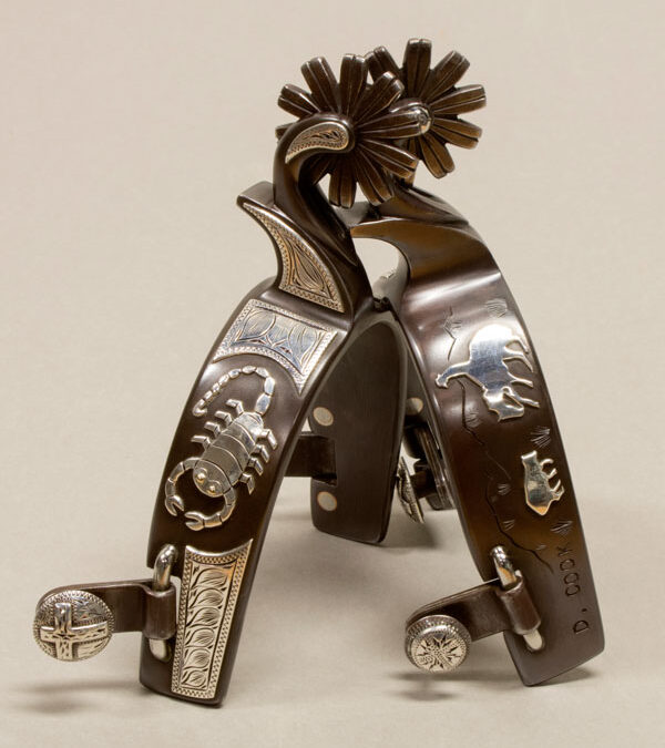 88.-Scorpion-Spurs,-4130-steel-with-20-gauge-sterling-silver,-copper-overlays,-14kt-gold-dots,-$1050