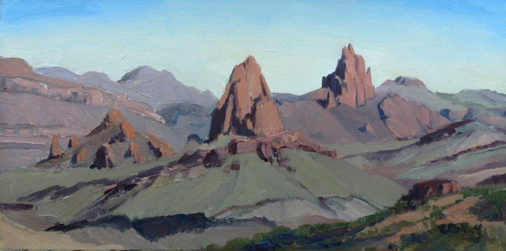 Mules-Ears-Peaks,-8-X-16,-oil-on-linen,-Carolyn-Dailey