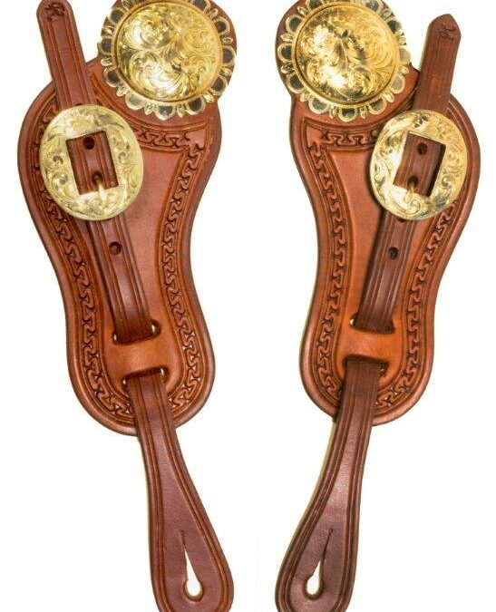 16. J. T. Hudson, Buckaroo Spur Leathers, leather and hand engraved brass conchos and buckles, $295