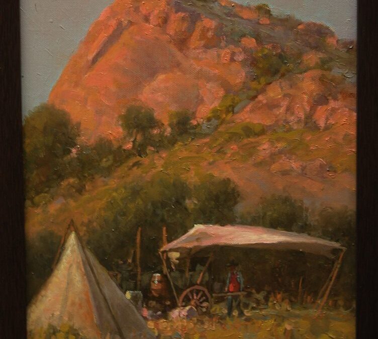 51. Wayne Baize, Camp at Point of Rocks, oil on canvas, 9 x 12 inches, $1,800