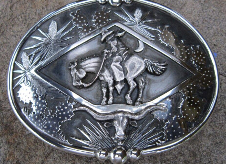 Wayne Franklin, Midnight Breeze Trophy Style Buckle, Sterling silver, three dimensional castings, cactus and yucca overlays, $1,850