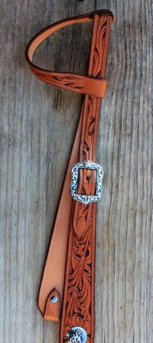 Baru Spiller, sterling silver on steel conchos and buckle, one inch leather headstall, $1,200