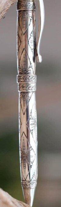 Laddan Ledbetter, Solid Sterling Pen, Completely handmade, 3 oz solid sterling silver, hand engraved, concho display stand included, $1,750