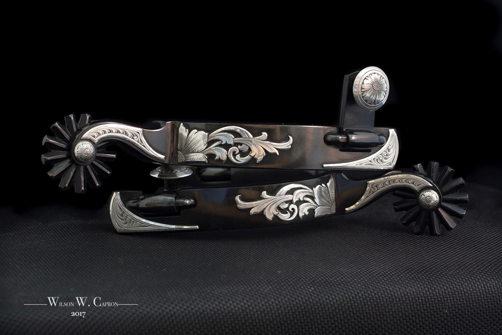 Wilson Capron, Arena Style Spurs, Sterling Silver, Finished with Black Oxide Blueing, .75 inch bands, 1.75 inch shank, $2600