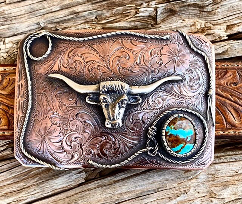 26-Mike-Pardue-Copper-Trophy-Buckle-Sand-cast-sterling-silver-steer-head-sterling-lariat-border-Kingman-turquoise