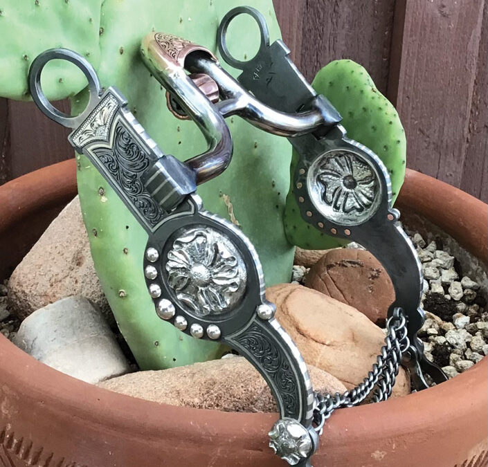 Kim-Parkey-Santa-Barbara-Style-Bridle-Bit-San-Joaquin-Mouthpiece-with-a-Crickett-and-Engraved-Copper-Hood-Hand-engraved-steel-Fine-silver-inlays-Sterling-beads-French-grey-finish-3200