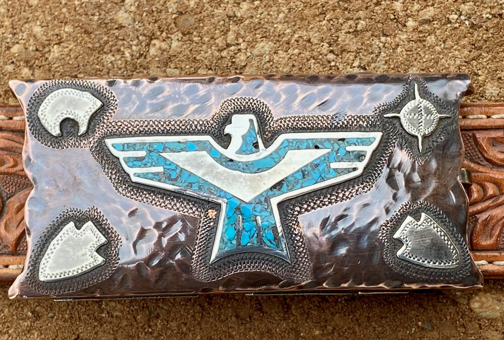 Michael-Pardue-Box-Style-Buckle-Single-piece-of-copper-Sterling-silver-accents-Kingman-turquoise-inlay-Antiqued-hammer-finish-1050