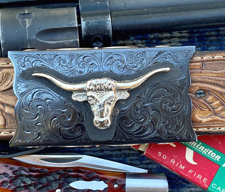 Michael-Pardue-Box-Style-Buckle-Single-piece-of-steel-Sand-cast-sterling-silver-Longhorn-Fully-engraved-Copper-scroll-accents-on-top-and-bottom-1050