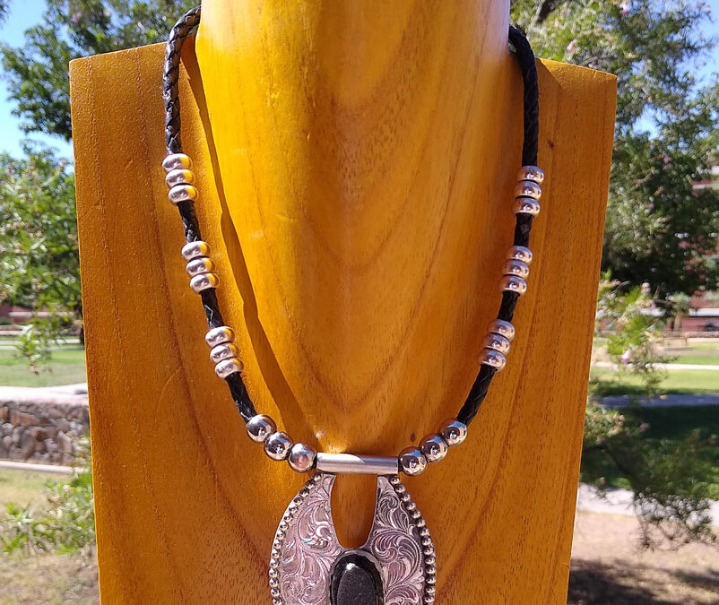 Randy-Glover-Black-Druzy-Stone-Necklace-Black-Druzy-stone-engraved-sterling-silver-braided-leather-cord-350