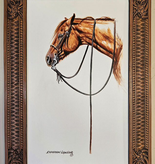 Shannon-Lawlor-painting-Slim-Shady-in-Floral-carved-and-stamped-leather-frame-with-a-silver-concho-Douglas-Krause-4750