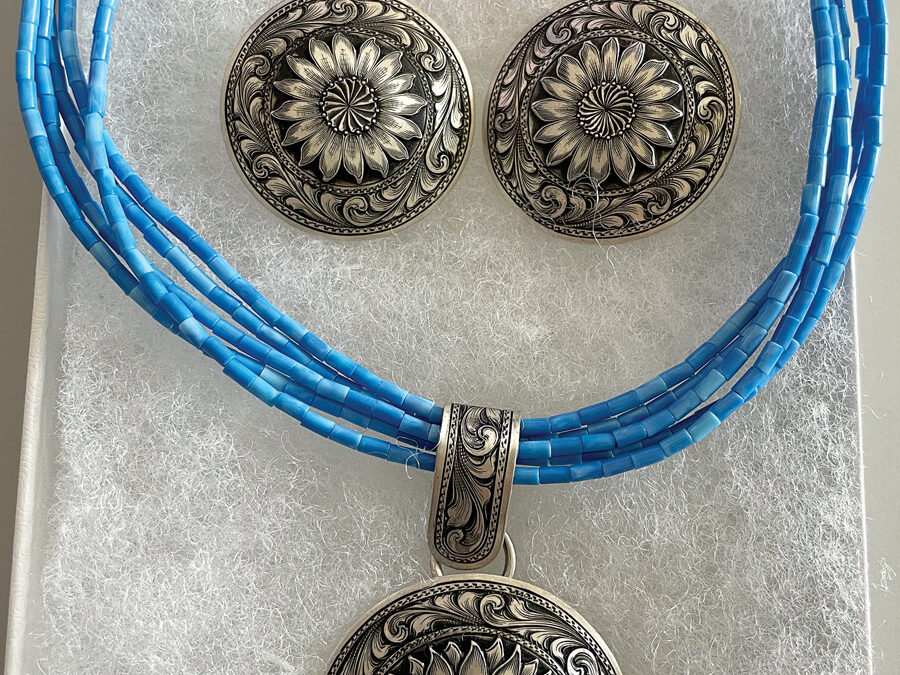 Rex-Crawford-Sunflower-Necklace-Earring-Set-Sterling-Silver-Denim-Lapis-Gemstone-Beads