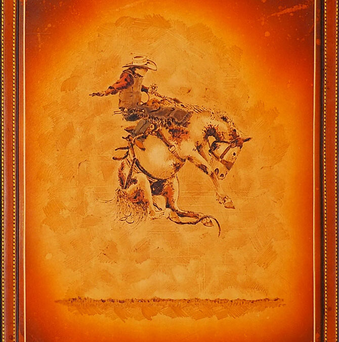 Cary-Shwartz-Saddle-Bronc-Pyrography-Leather-11×17